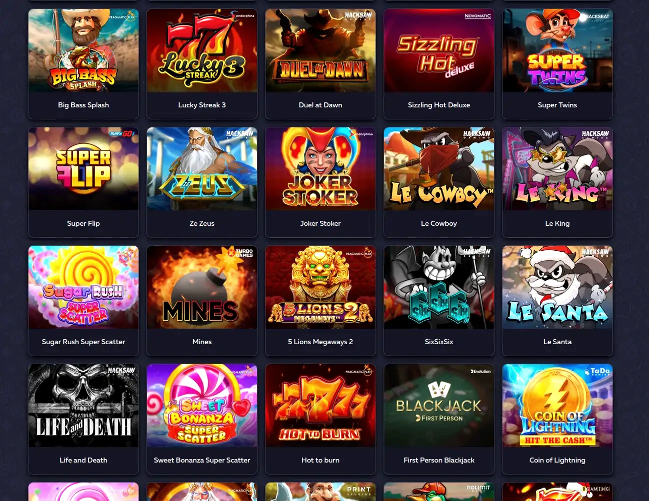 Interface mobile Twin Casino avec catalogue de jeux sur smartphone